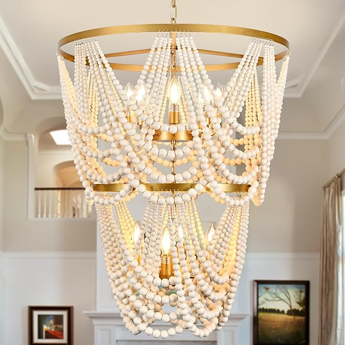 12-Light 25.6" Boho Wood Beaded Chandelier for Living Room, H88 Adjustable 2-Tier Gold Large Boho... | Amazon (US)