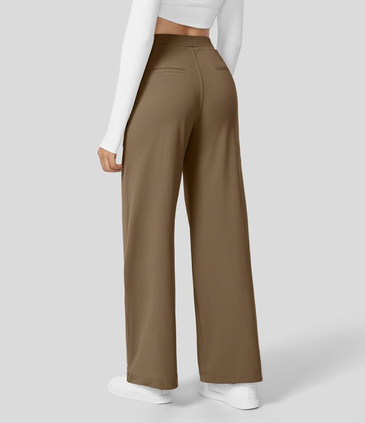 High Waisted Plicated Side Pocket Straight Leg Work Pants | HALARA