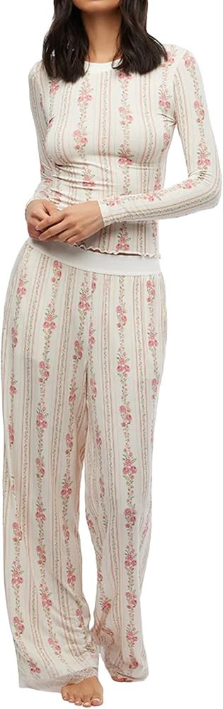 ROAONOCOMO Women Y2K Floral 2 Piece Lounge Set Long Sleeve Button Down Shirt Top Wide Leg Long Pa... | Amazon (US)