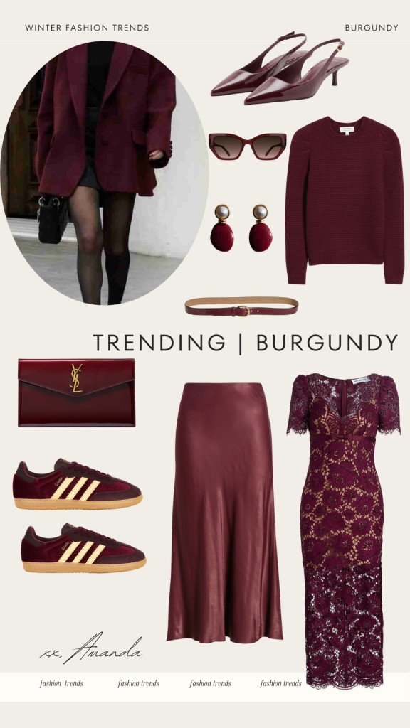 Burgundy is a standout color trend for winter 2025, adding a rich and sophisticated touch to any outfit. Whether it’s a chic coat, tailored pants, or statement accessories like bags and shoes, this deep hue is perfect for the season. Pair burgundy with black or cream for a classic look, or go bold with a monochrome look or leopard print style for extra style points. It’s versatile, timeless, and so effortlessly chic! 

 #LTKgrwm #LTKootd #LTKSeasonal