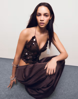 Bershka Asymmetric sequin strappy top in brown | ASOS | ASOS (Global)