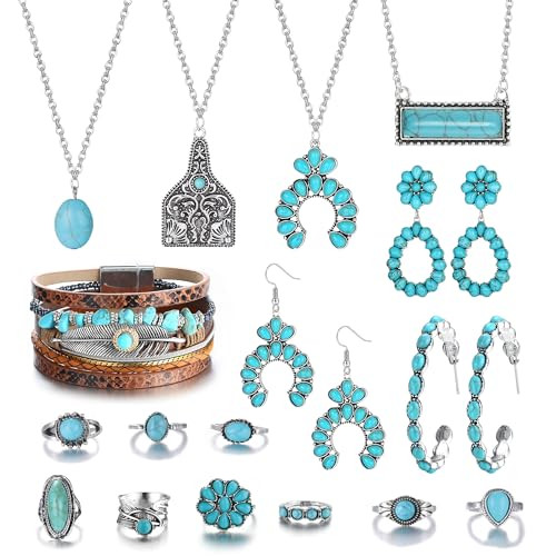 FINREZIO Turquoise Jewelry for Women Western Turquoise Necklace Dangle Earrings Boho Bracelet and Knuckle Rings Bohemian Western Jewelry Set for Women | Amazon (US)