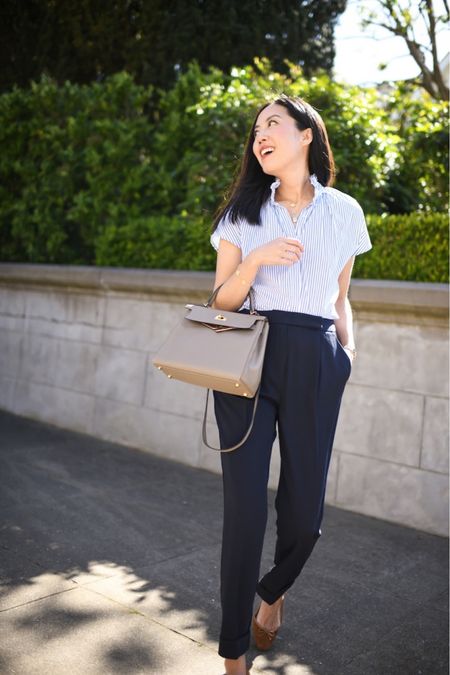 Smart casual outfit inspiration. Striped shirt and navy trousers linked here. 

#balletflats
#classicstyle
#businessprofessional
#workoutfit
#officeoutfit

#LTKStyleTip #LTKSeasonal #LTKWorkwear