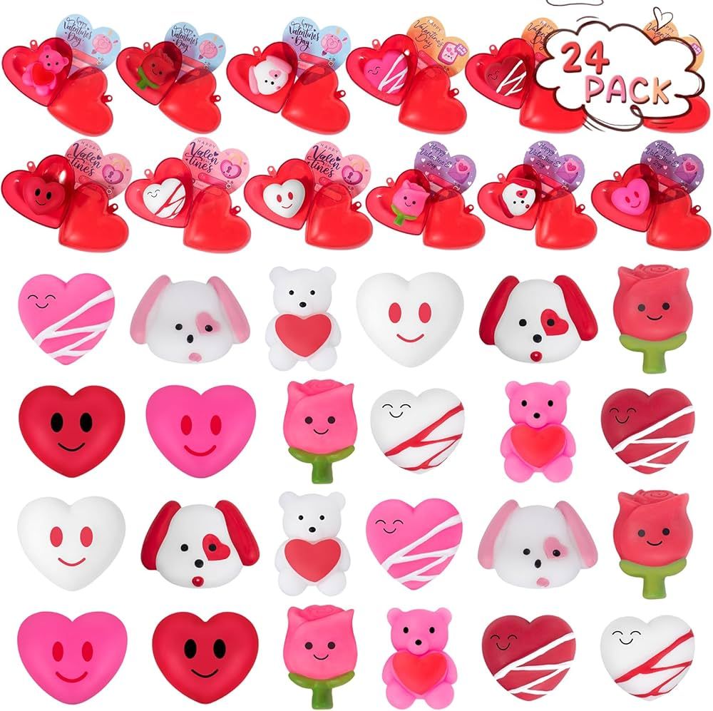 24 Packs Valentines Day Gifts for Kids Classroom Hearts with Mochi Squishy Toys with Valentines D... | Amazon (US)
