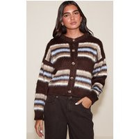 Chocolate Striped Brushed Knit Cardigan | PrettyLittleThing UK