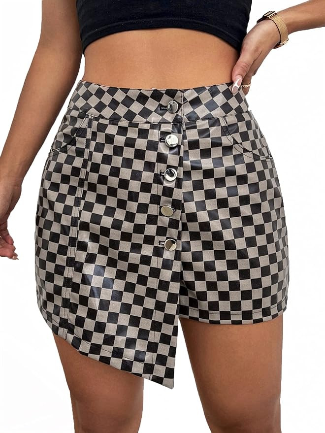 WDIRARA Women's Checkered Print Skort Button Front Asymmetrical Hem Casual Shorts | Amazon (US)