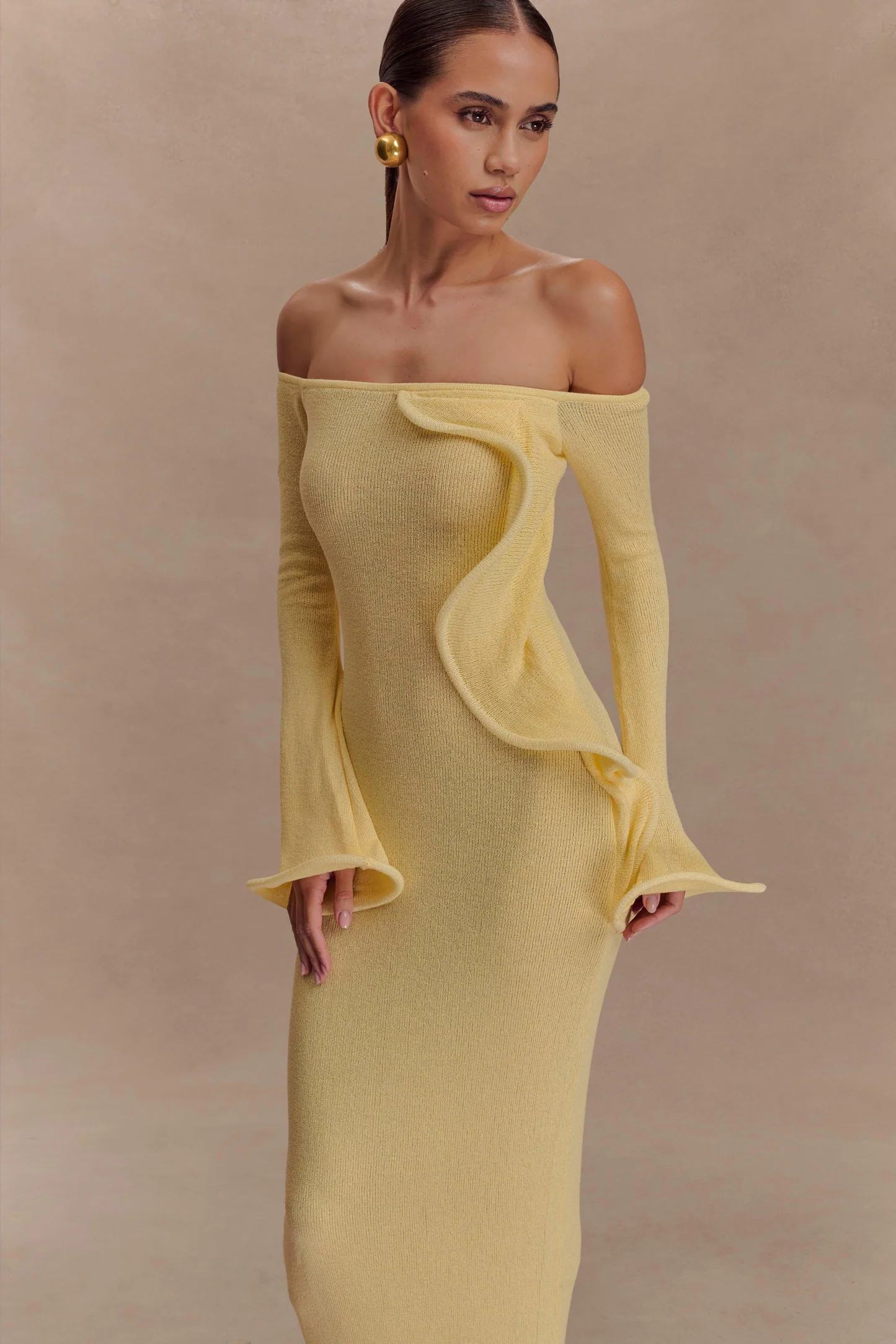 Off Shoulder Knit Maxi Dress - Lemon | MESHKI US