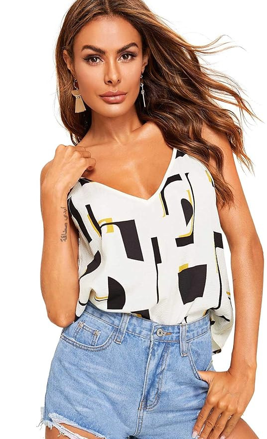 SheIn Women's Casual V Neck Spaghetti Strap Colorblock Striped Cami Tank Top | Amazon (US)