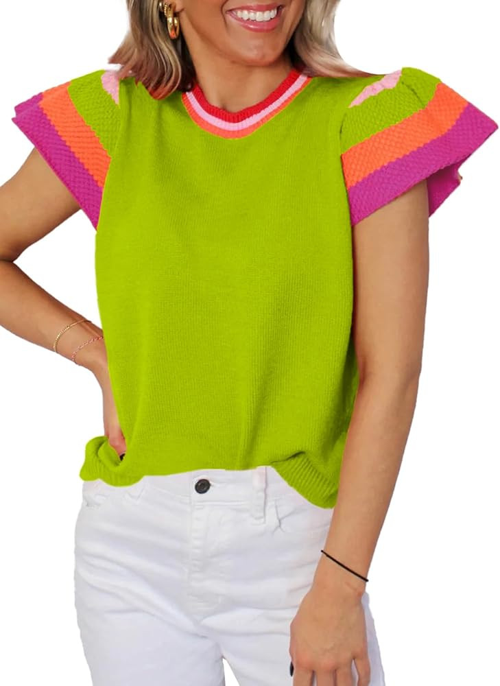 SHEWIN Womens Color Block Tops Casual Crewneck Short Sleeve Pullover Sweater Knit Lightweight Bea... | Amazon (US)