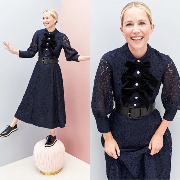 Halogen x Atlantic-Pacific NEW Bow Detail Lace Midi Dress Navy Romantic‎ size 4P | Poshmark