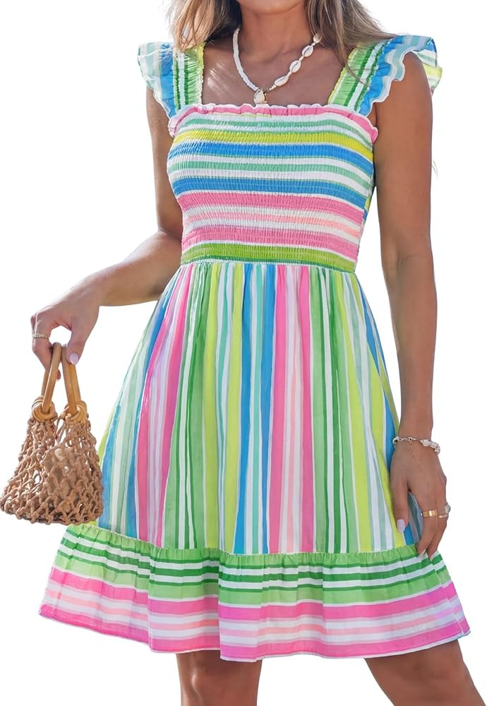 popvil Women Short Dress 2026 Summer Cute A-Line Mini Dress Square Neck Casual Flowy Sleeveless R... | Amazon (US)