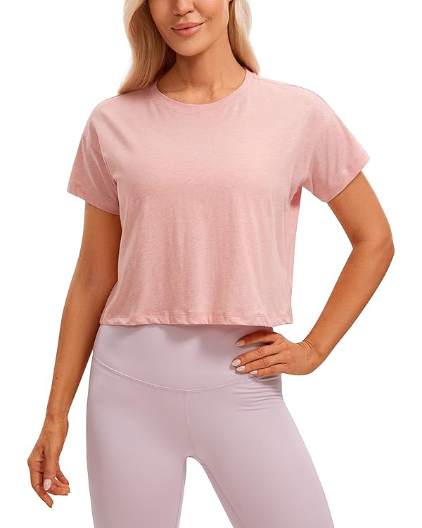 CRZ YOGA Women's Pima Cotton Workout Short Sleeve Shirts Loose Crop Tops Athletic Gym Shirt Casua... | Amazon (US)