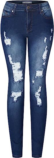 2LUV Women's Stretchy 5 Pocket Skinny Distressed Ripped Denim Jeans Back | Amazon (US)