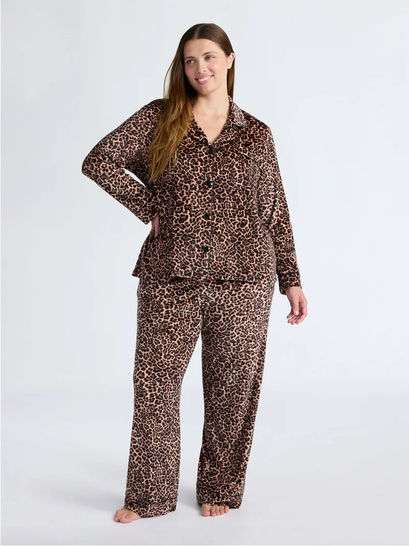 Joyspun Women’s Stretch Velour Notch Collar Long Sleeve Pajama Set, Sizes XS to 4X | Walmart (US)