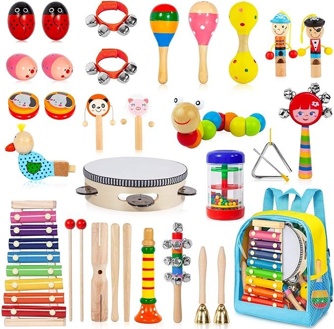 AOKIWO Kids Musical Instruments, 33 Pcs 20 Types Wooden Instruments Tambourine Xylophone Toys for... | Amazon (US)