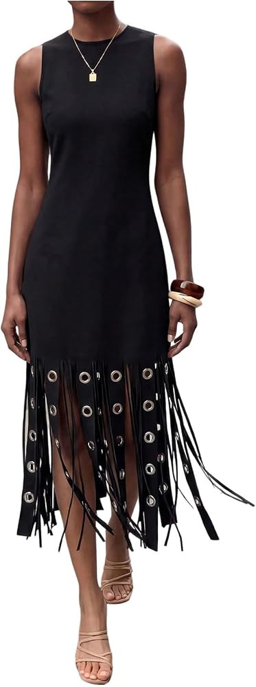 OYOANGLE Women's Fringe Long Tank Dress Y2K Eyelet Grommet Tassel Crew Neck Cocktail Party Sheath... | Amazon (US)