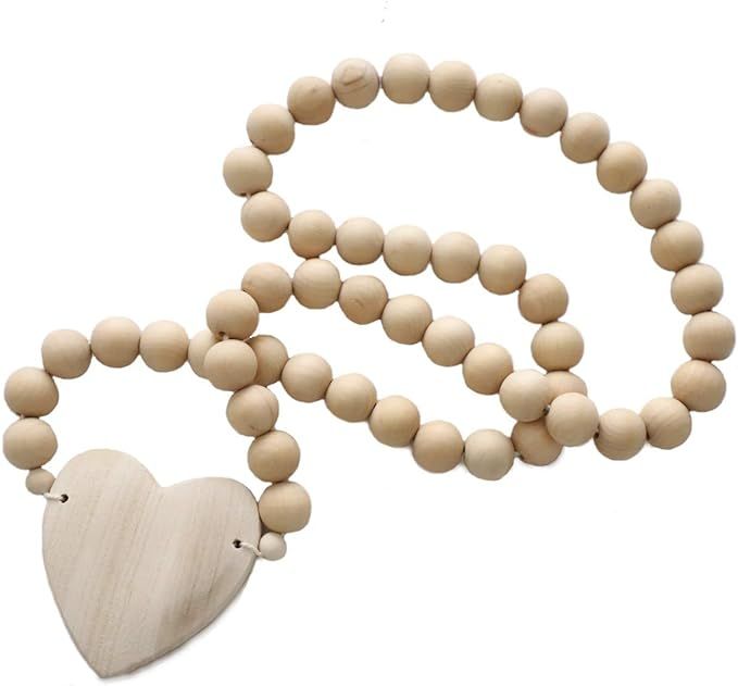 Holly & Oak - Large Wooden Bead Garland with Wood Heart, Prayer Beads for Rustic Farmhouse Home D... | Amazon (CA)