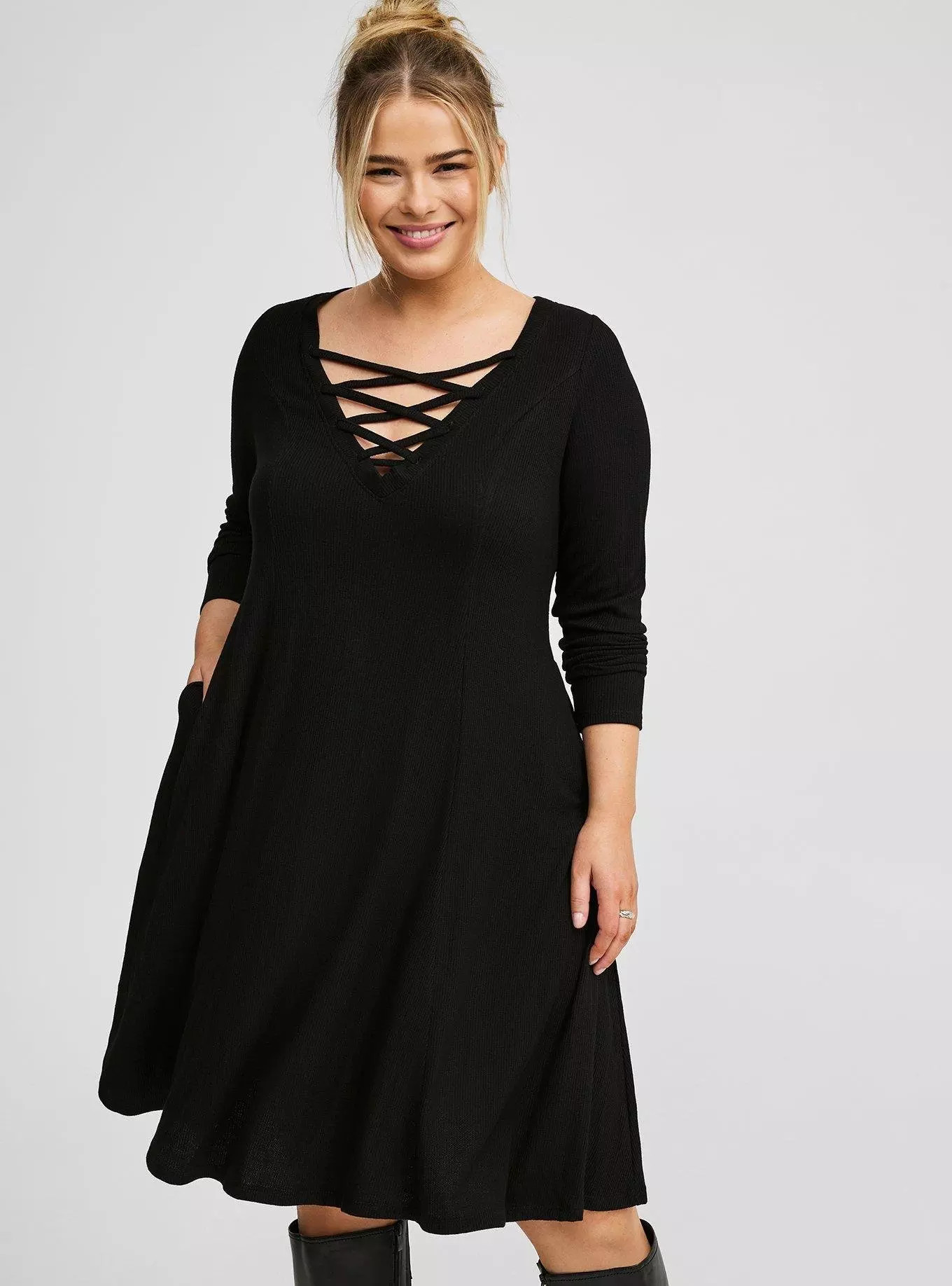 Mini Waffle Long Sleeve Lace Up Neck Fit N Flare Dress | Torrid (US & Canada)