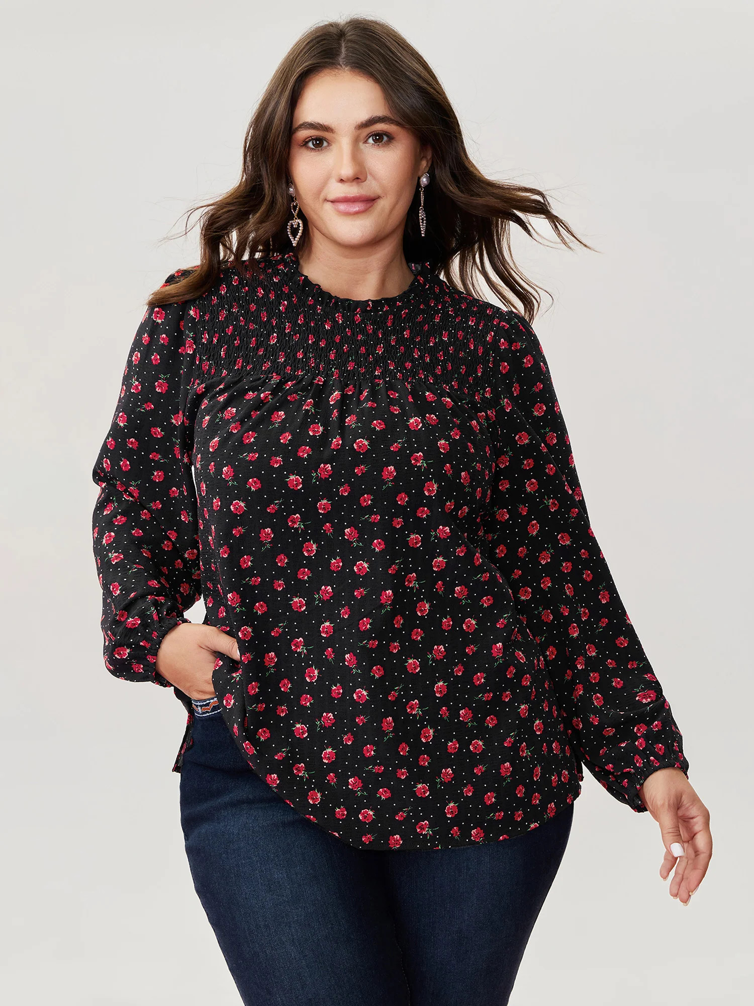 Shirred Ruffled Collar Floral Blouse | Bloomchic