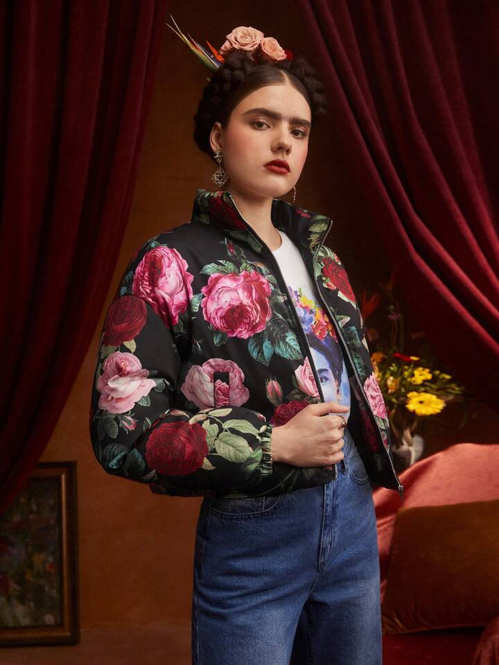 Frida Kahlo X SHEIN Floral Print Zip Up Puffer Coat | SHEIN