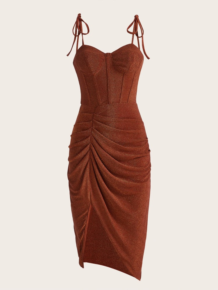 New
     
      SHEIN ICON-F Tie Shoulder Ruched Split Hem Glitter Cami Dress | SHEIN