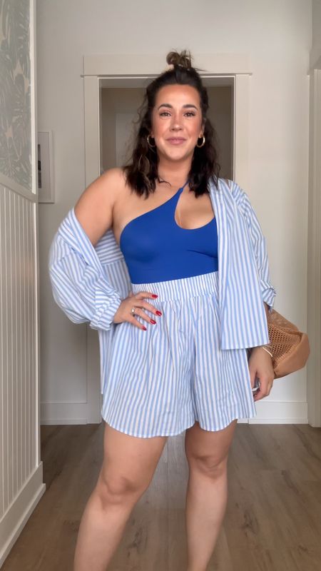 Easy summer beach or pool outfit, mom approved. Size M in swimsuit and I’m linking the Amazon version which is IDENTICAL and a quarter of the price (mine here is old from VS). Set is size L (could go to M). 

Beach look, midsize summer style, striped set. 

#LTKStyleTip #LTKMidsize #LTKSwim