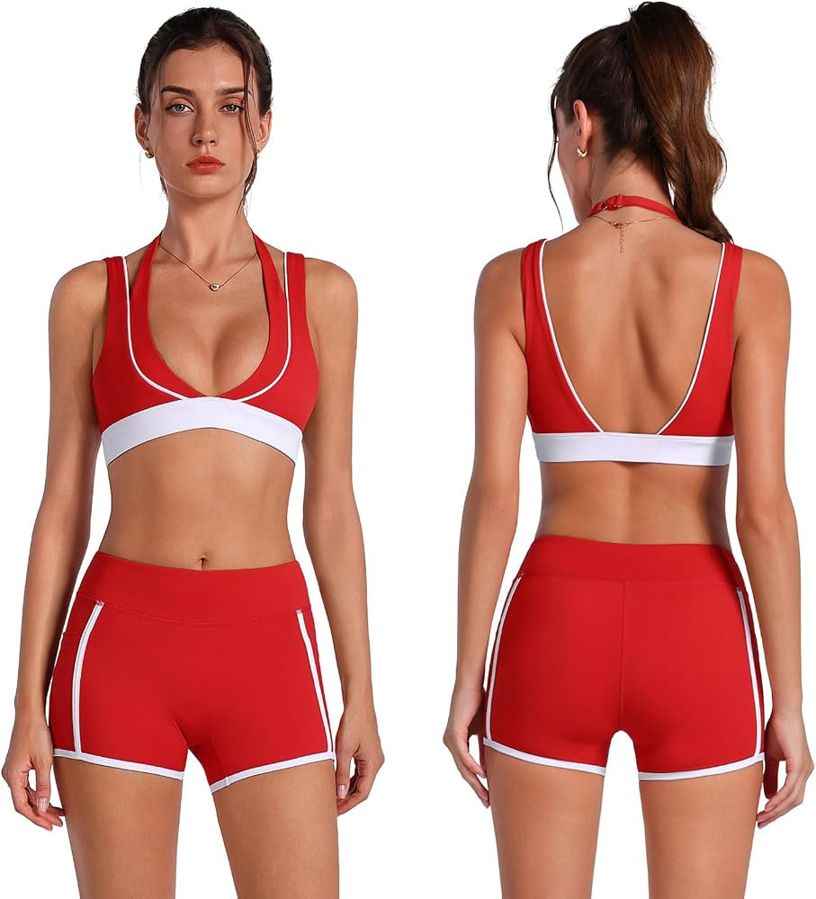 ABOCIW Womens 2 piece Workout Sets Deep V Neck Layered Sports Bra High Waist Mini Shorts with Poc... | Amazon (US)