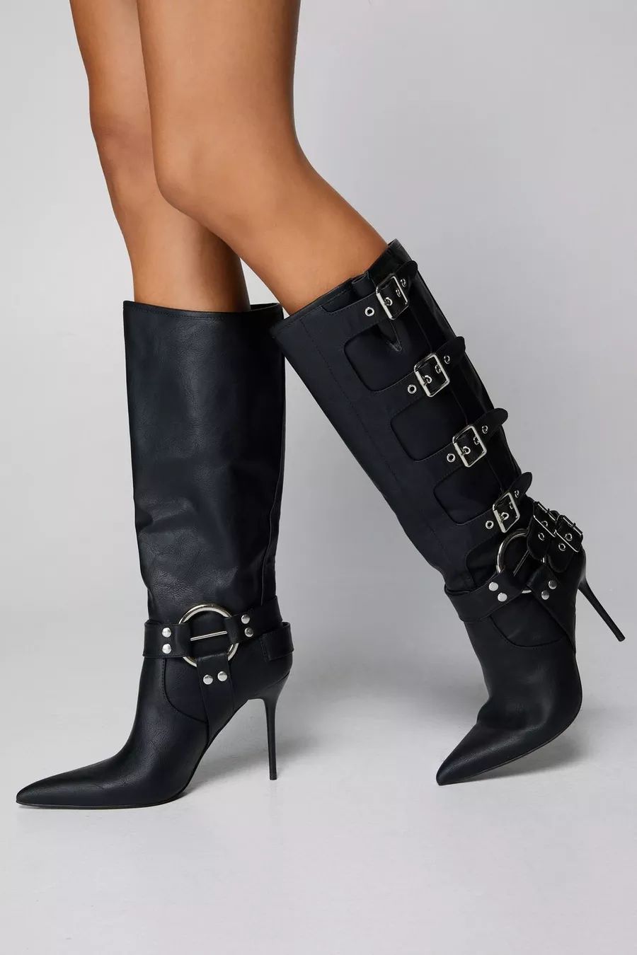Faux Leather Buckle Detail Pointed Toe Knee High Boots | Nasty Gal US
