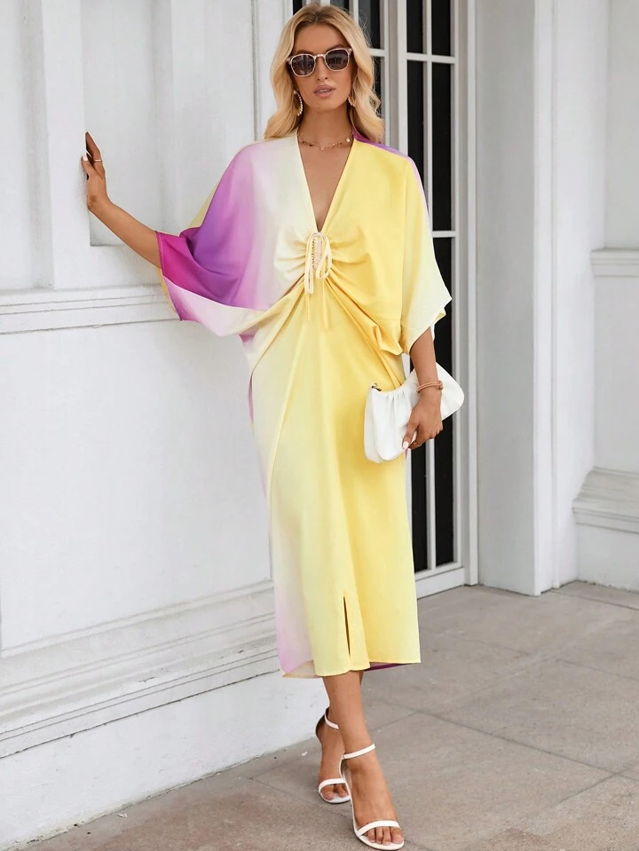SHEIN LUNE Ombre Drawstring Front Batwing Sleeve Split Hem Dress | SHEIN