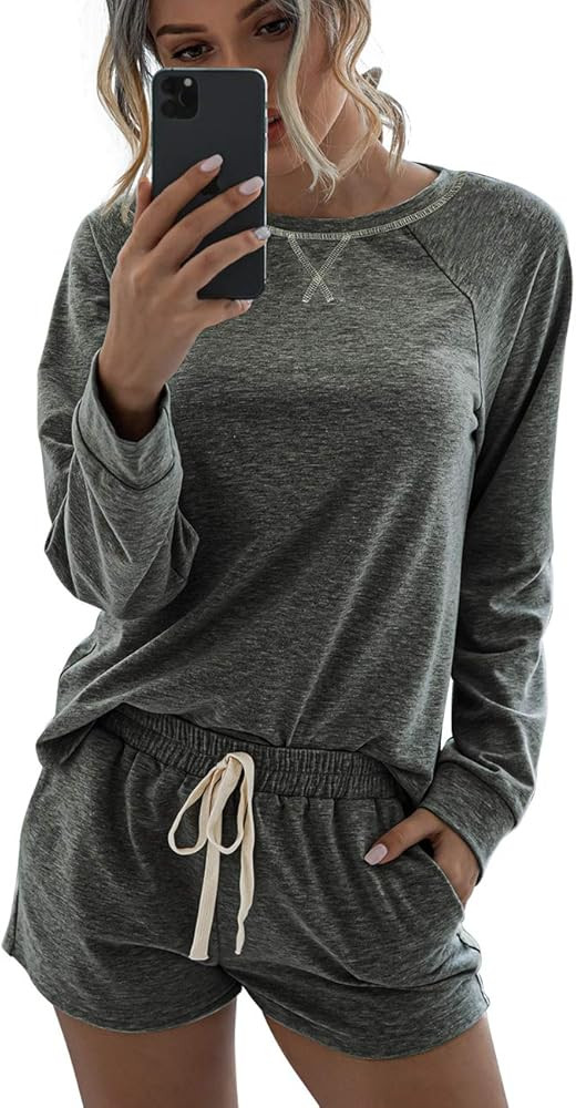 Saslax Women's Pajama Set Long Sleeve Tops and Shorts PJ Set Sleepwear Night Shirt Loungewear wit... | Amazon (US)