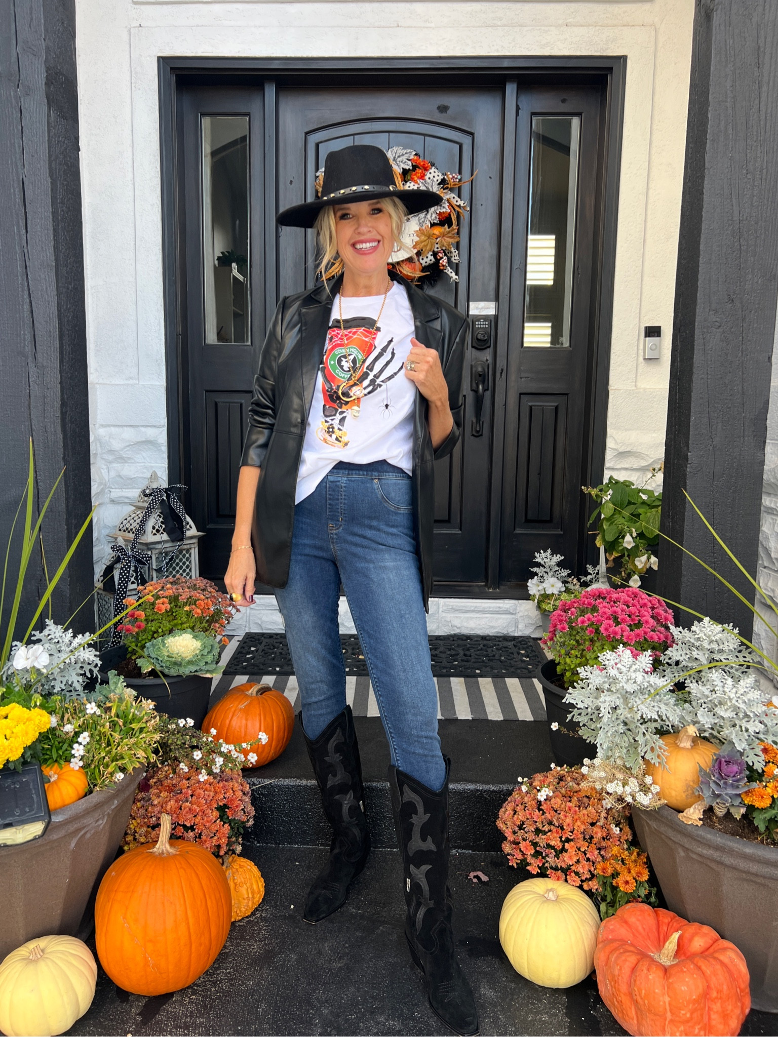 Halloween outfit of the day inspiration. 
With tenacious have similar in your closet!

Faux leather blazer in black
Wearing TTS 

Spanx pull on skinny jeans no bulk no pockets, no zippers 
Fit tts 

Dolce vita cowboy boots fit tts 
Suede and leather 

Jack of color hat 

Julie vis hoops and ring 

Skull necklace juicy couture vintage. Linked similar 

Halloween graphic tee byjodipedrii not lockable 
Linked a similar graphic tee 

#LTKStyleTip #LTKHalloween