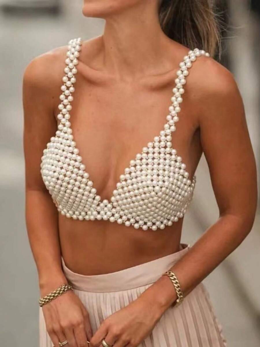 DEKUNER 1pc Gothic Style Sexy Beaded Spaghetti Strap Crop Top, V-Neck Beaded Camisole With Bowkno... | SHEIN