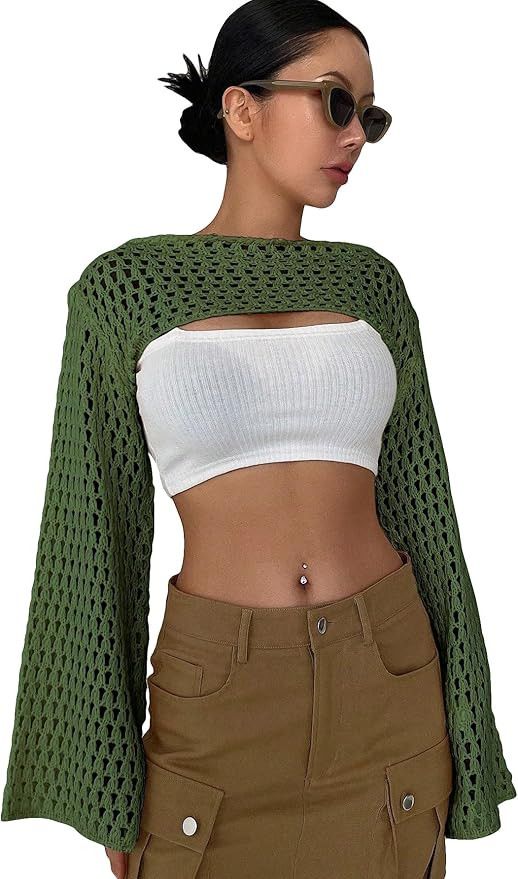 COZYEASE Women's Hollow Out Crochet Top Knit Long Sleeve Cropped Shrug Sweater Y2k Tops | Amazon (US)