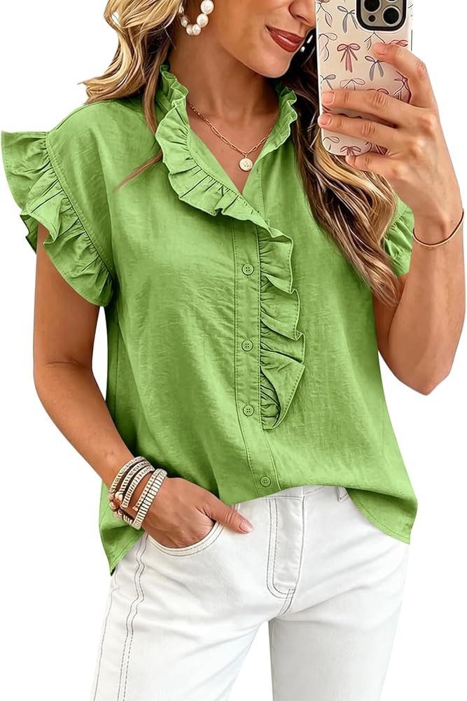 Tankaneo Womens Ruffle Cap Sleeve Button Down Shirts Summer Dressy Casual Blouses Loose Fit Cute ... | Amazon (US)