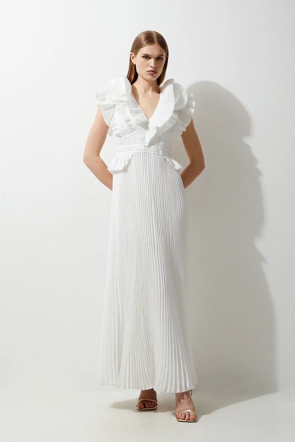 Drama Pleat Ruffle Rosette Woven Maxi Dress | Karen Millen US