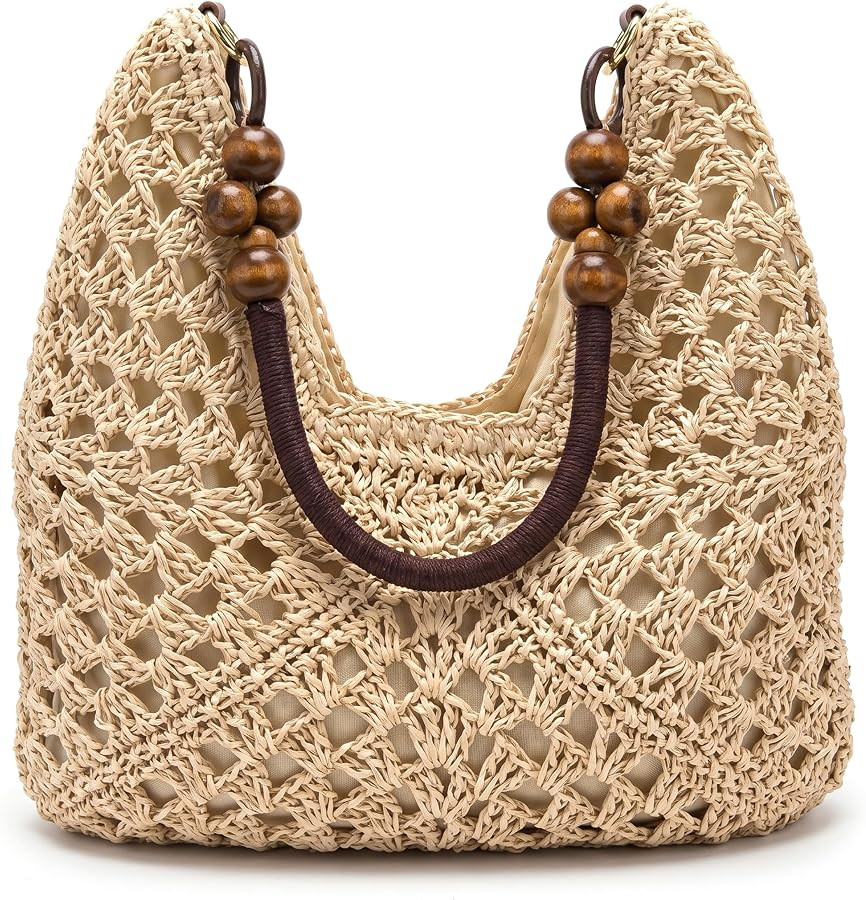 Gewebte Strandtasche, gro\u00dfvolumige Stroh-Umh\u00e4ngetasche mit Naturholzperlen, stilvolle S... | Amazon (DE)