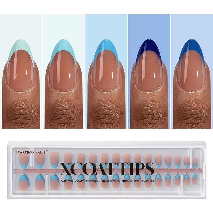 BTArtboxnails XCOATTIPS French Tip Press On Nails - Blue Press On Nails Short, Almond Fake Nail T... | Amazon (US)
