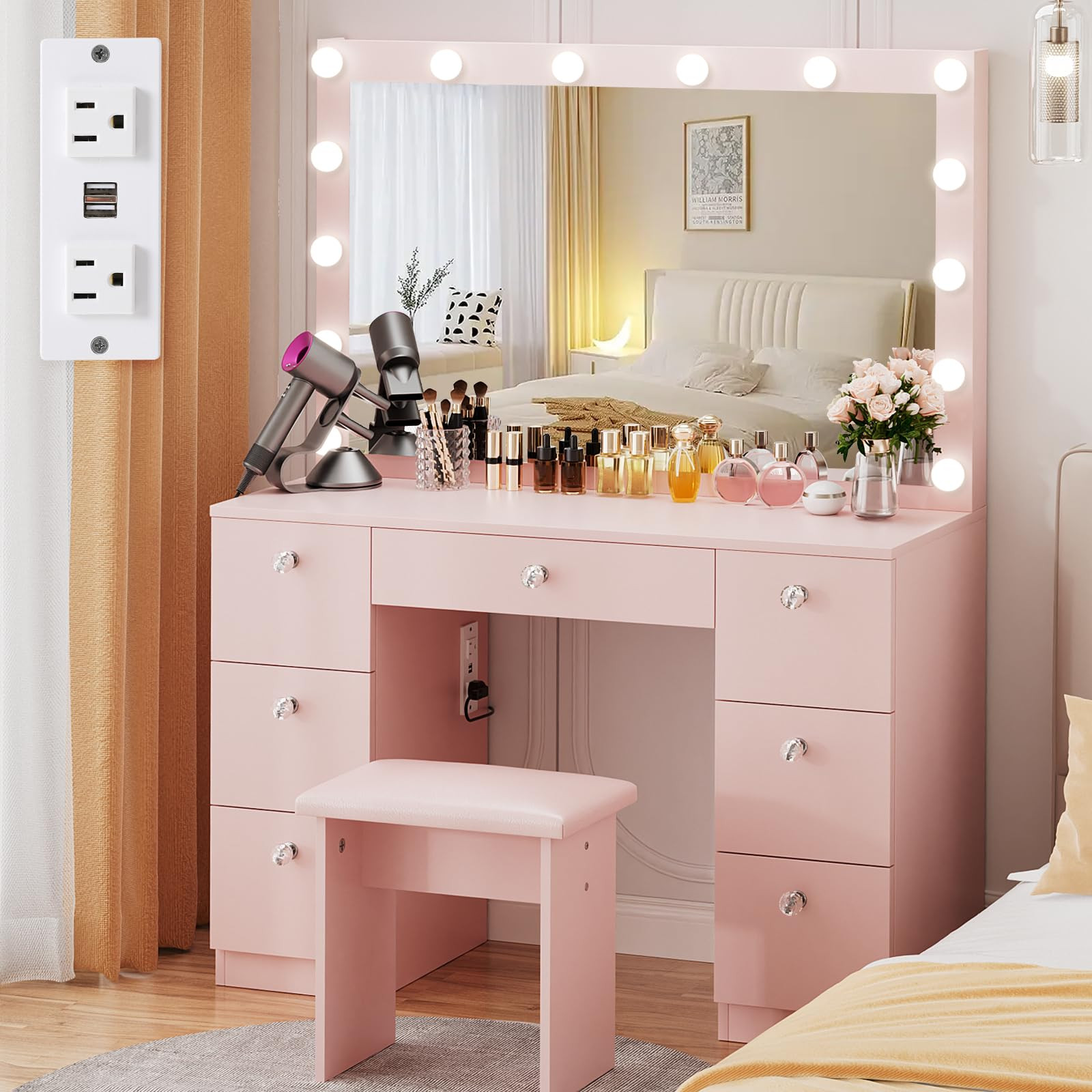 VOWNER Vanity with Lighted Mirror - Makeup Vanity Desk with Glass Top, 7 Drawers and Power Outlet... | Amazon (US)