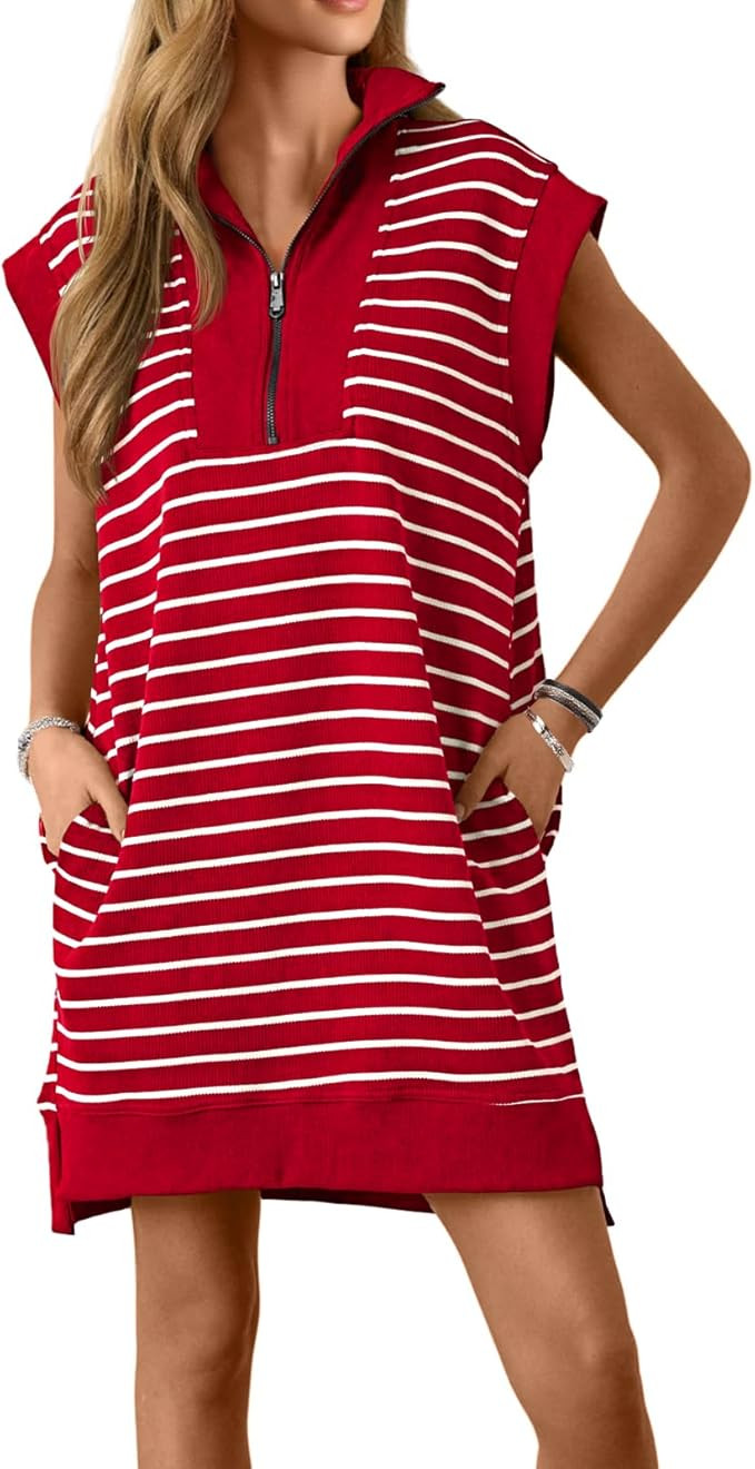 Wenrine Womens Striped Mini Dress Casual Zipper Cap Sleeve Collared V Neck Loose Knit Summer Dres... | Amazon (US)