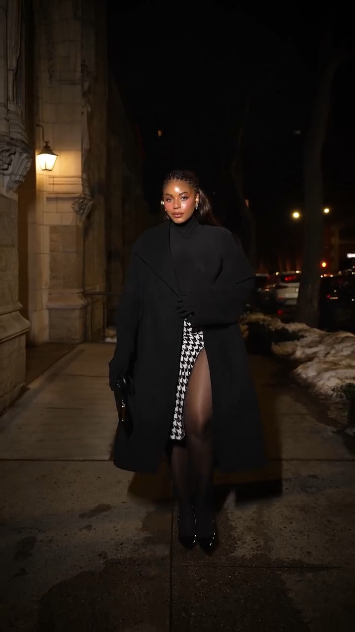 Night out for NYFW for the LaQuan show. Wearing a gorgeous houndstooth pencil skirt, black sheer tights, black turtleneck, black coat, and black heels. Linking similar pieces below to this work outfit idea / date night outfit. … For more links to date night outfits, silver hardware, gallery wall, valentines outfit women, knits and shawls, statement coat, vacation outfits beach, sunday hoodie,ui09bhn] follow me on LTK! ✨

#LTKWorkwear #LTKgrwm #LTKootd