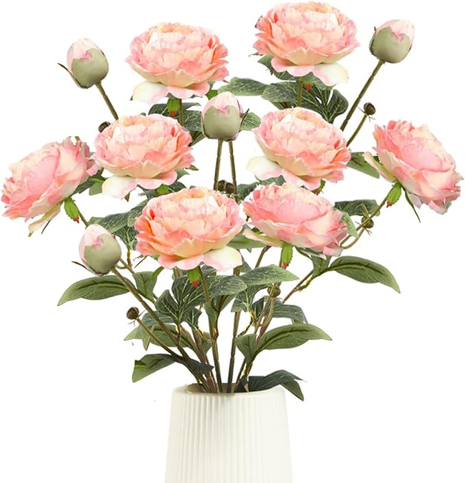 Pink Peonies Artificial Flowers,4 Pcs Faux Silk Peonies with Stems Real Look,Peony Bush Fake Flow... | Amazon (US)