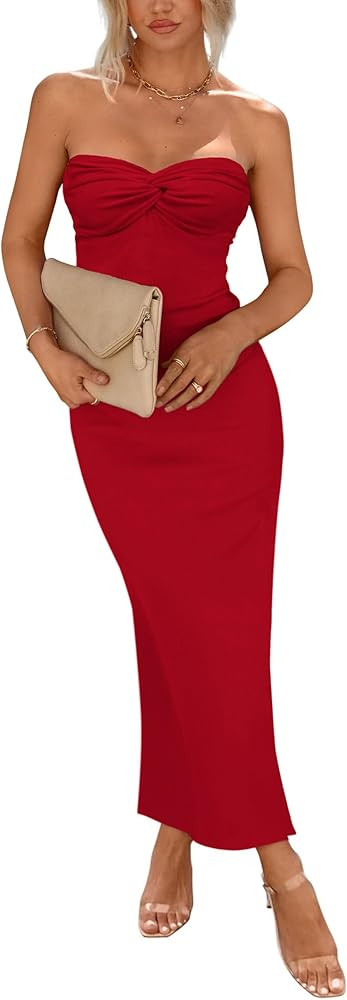 PRETTYGARDEN Women's Bodycon Long Dresses Summer Strapless Tube Twist Knot Front Ribbed Knit Maxi... | Amazon (US)