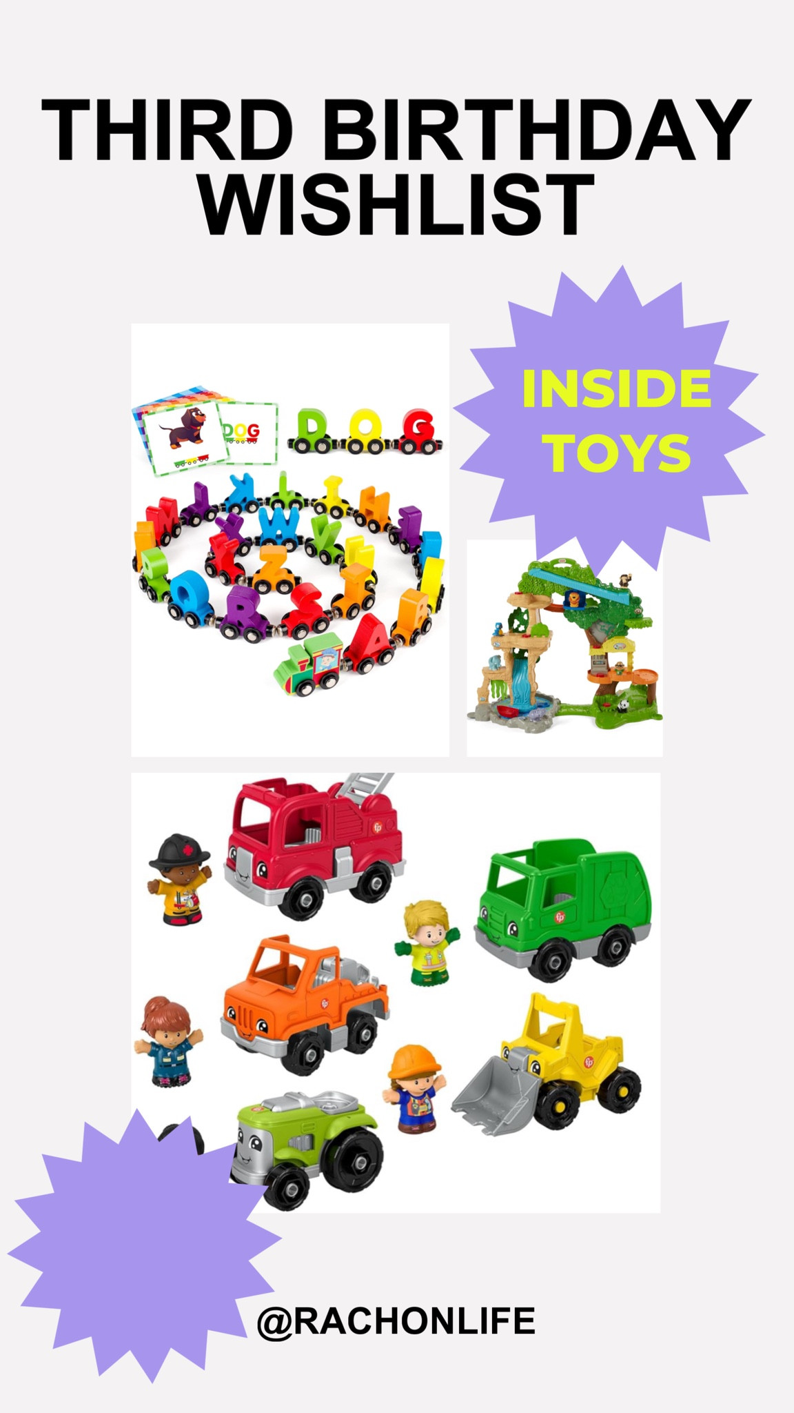 It’s too hot to be outside all the time in Texas, so these are the only inside toys we asked for— we are HUGE fans of little people, and Sam would FREAK if he got letter trains (we’ll end up buying these if he doesn’t get them gifted). #rachonlife #momlife #stayathomemom #sahm #sahmlife #yesmom #toddlermom #momofboth #momoftwo #girlmom #millennialmom #gentleparenting #marriedlife 

#LTKFamily #LTKKids #LTKBaby