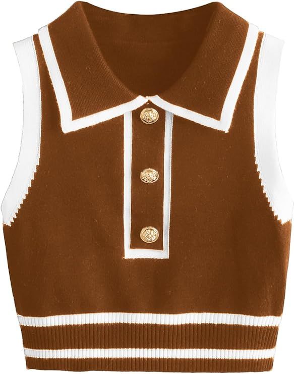 Verdusa Women's Button Front Striped Collar Sleeveless Sweater Vest Knit Top | Amazon (US)