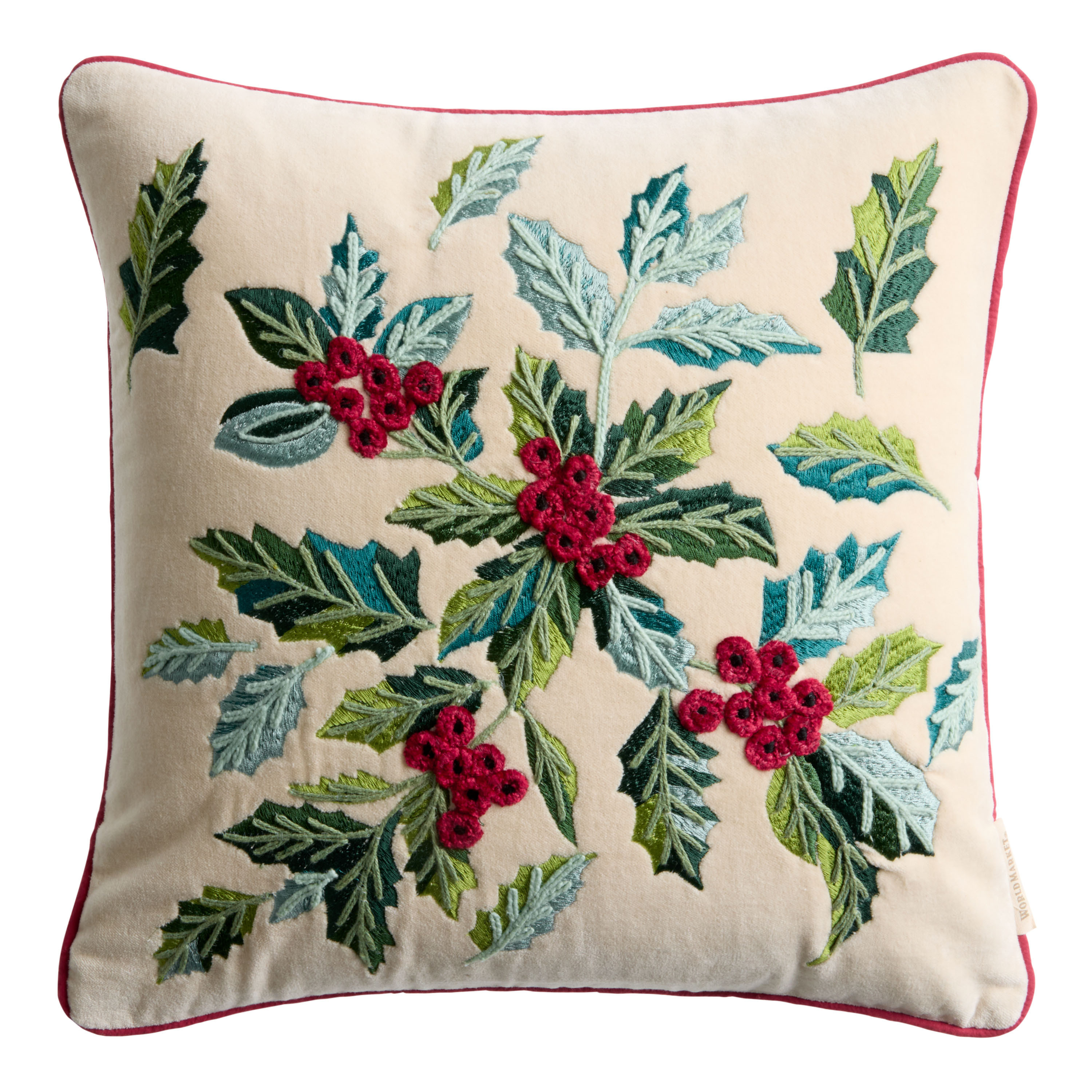 Ivory Velvet and Green Holly Throw Pillow | World Market