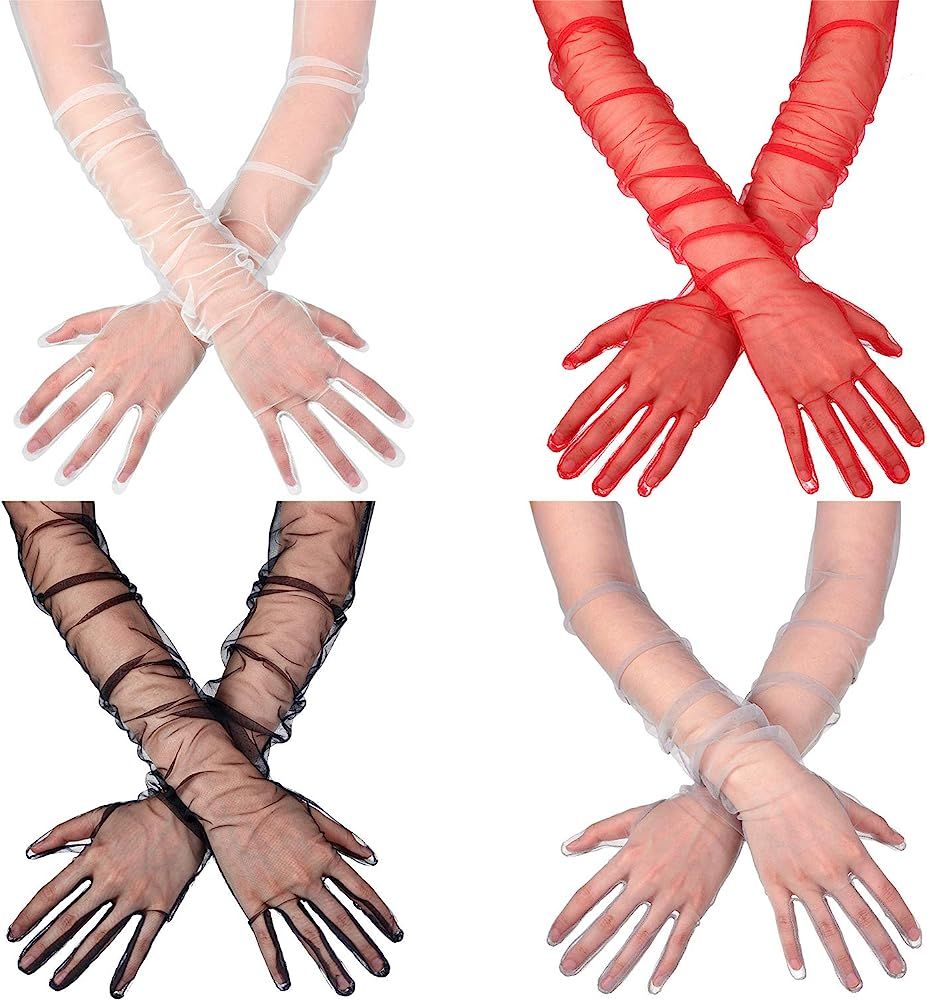 4 Pairs Women's Long Tulle Gloves Sheer Wedding Bridal Gloves Elbow Length Opera Party Gloves | Amazon (US)
