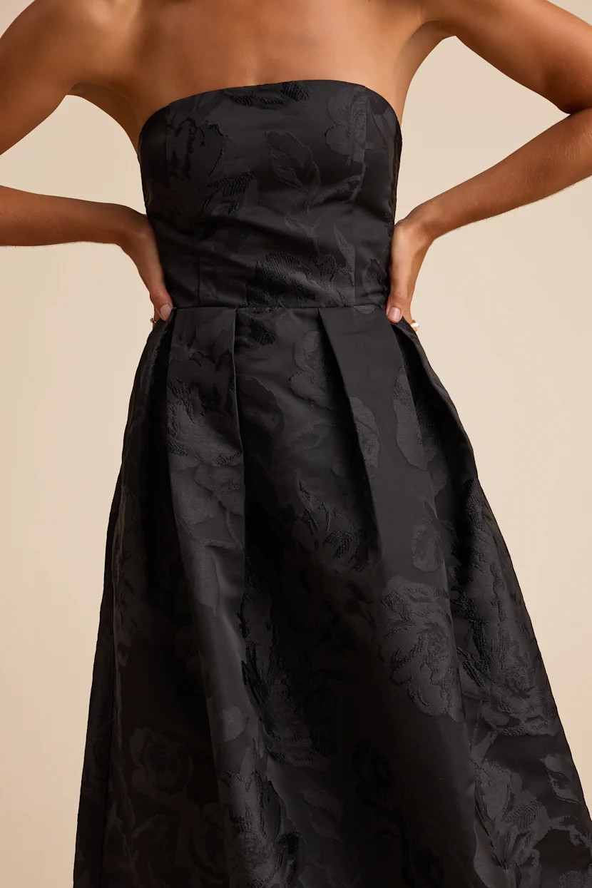 Laurelin Black Floral Jacquard Pleated Strapless Maxi Dress | Lulus