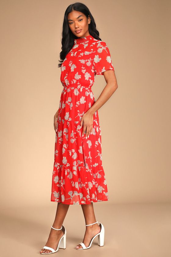 Floral Dressed Up Red Floral Print Midi Dress | Lulus (US)