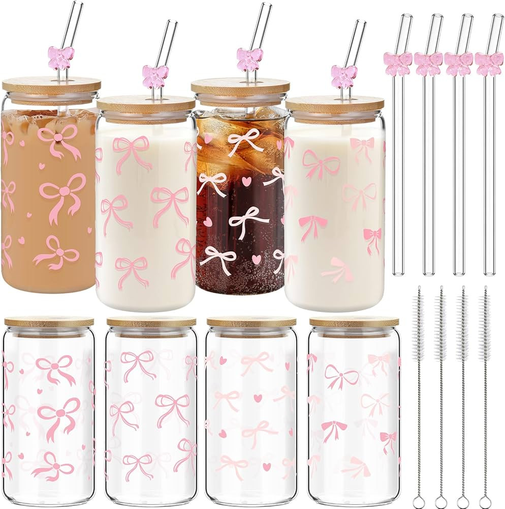 4 Set 16 oz Coquette Aesthetic Bows Cherry Glass Cups with Lids and Bow Straws Cleaning Brushes C... | Amazon (US)