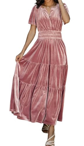 R.Vivimos Women's Fall Winter Vintage Velvet Dress Short Sleeve V Neck Elastic Waist Tiered Ruffle A-Line Flowy Elegant Maxi Dress (Large, Pink) | Amazon (US)